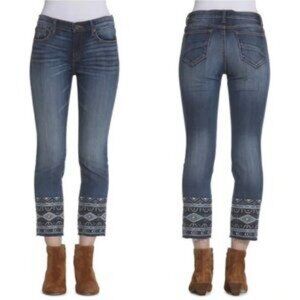 DRIFTWOOD Colette Canary Jeans Embroidered Boho Beaded Cuff Raw Hem Stretch 29
